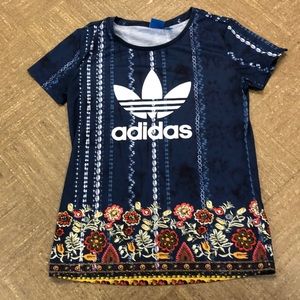Adidas Navy Floral Boho Trefoil Logo TShirt Sz XS